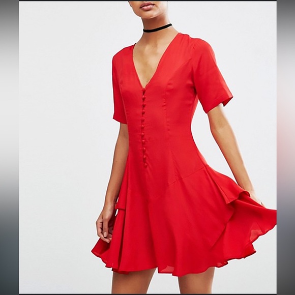 NWT ASOS Women’s Tea Dress Rouleau Buttons V-Neck Layered Skirt Red Cocktail - Picture 2 of 12